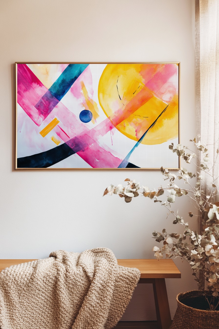 Moderner Kunstdruck mit abstrakten Formen, gelbem Kreis und bunten Linien in Blau und Pink