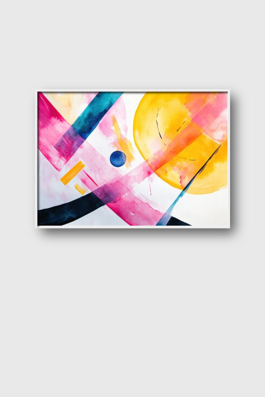 Moderner Kunstdruck mit abstrakten Formen, gelbem Kreis und bunten Linien in Blau und Pink