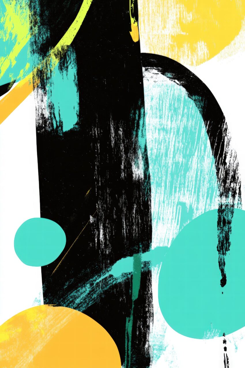 Abstraktes Wandbild mit Farbflächen in Gelb, Türkis und Schwarz als moderner Kunstdruck