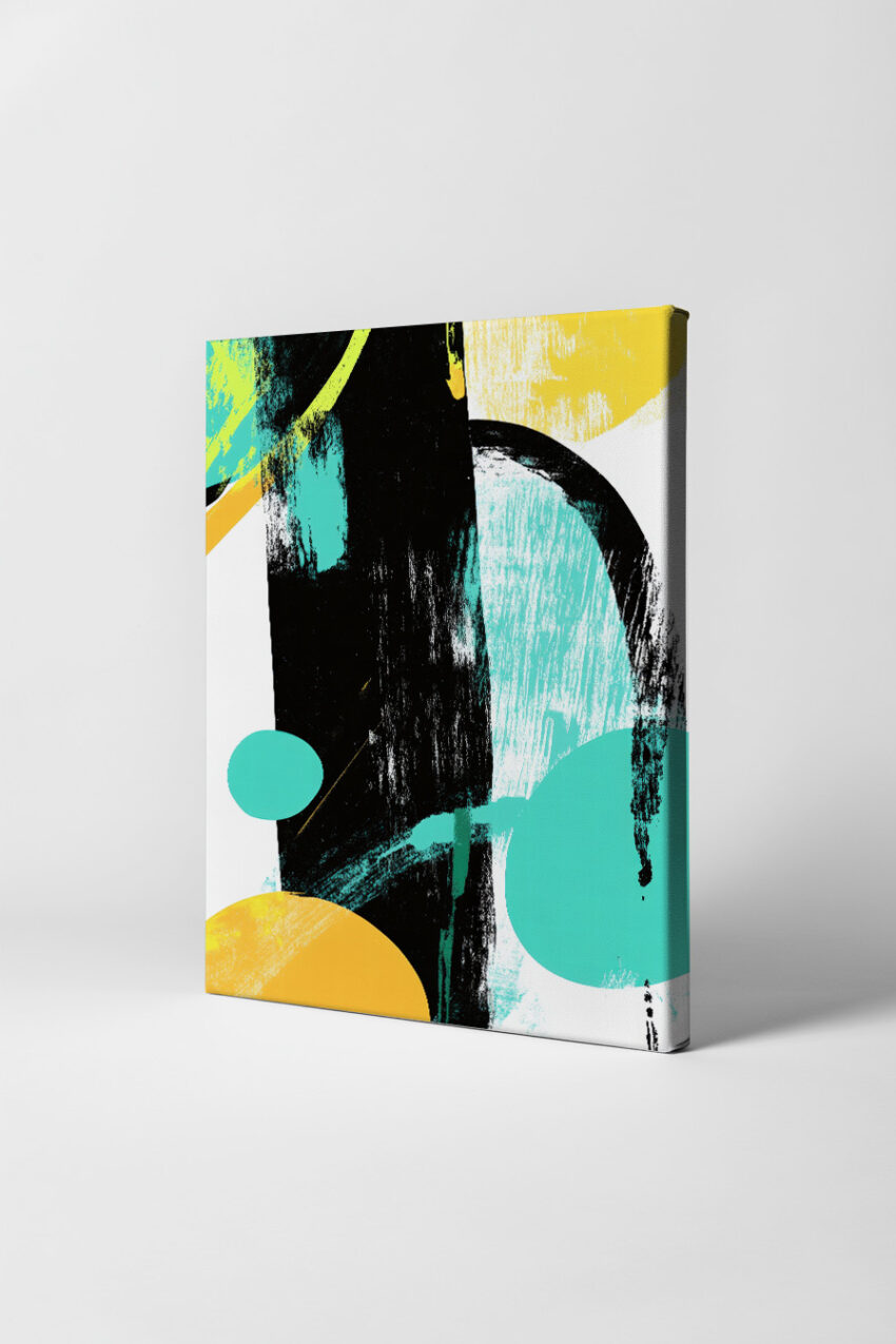 Abstraktes Wandbild mit Farbflächen in Gelb, Türkis und Schwarz als moderner Kunstdruck