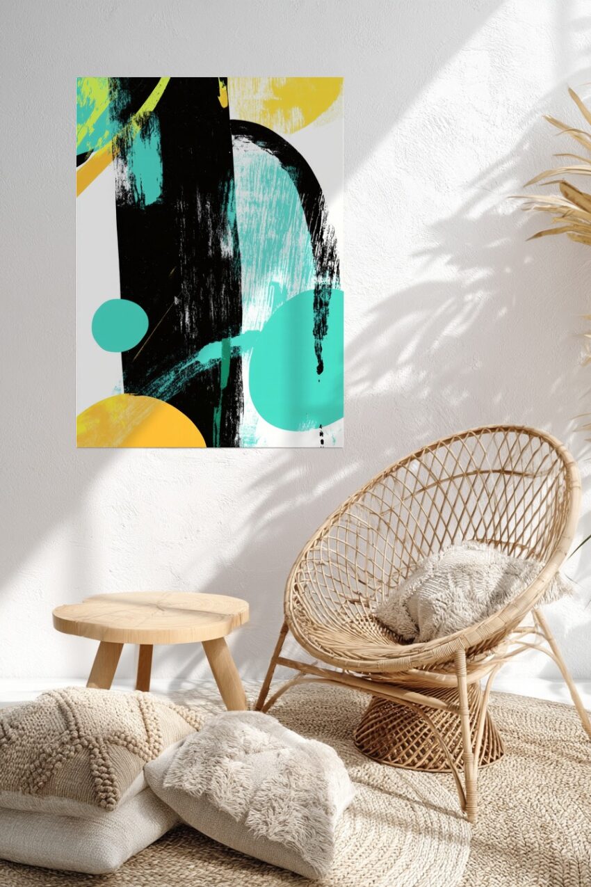Abstraktes Wandbild mit Farbflächen in Gelb, Türkis und Schwarz als moderner Kunstdruck