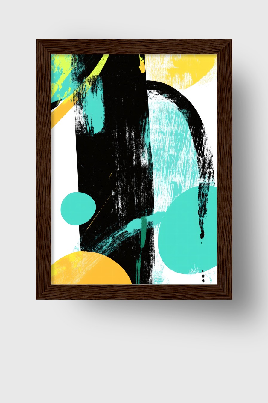 Abstraktes Wandbild mit Farbflächen in Gelb, Türkis und Schwarz als moderner Kunstdruck