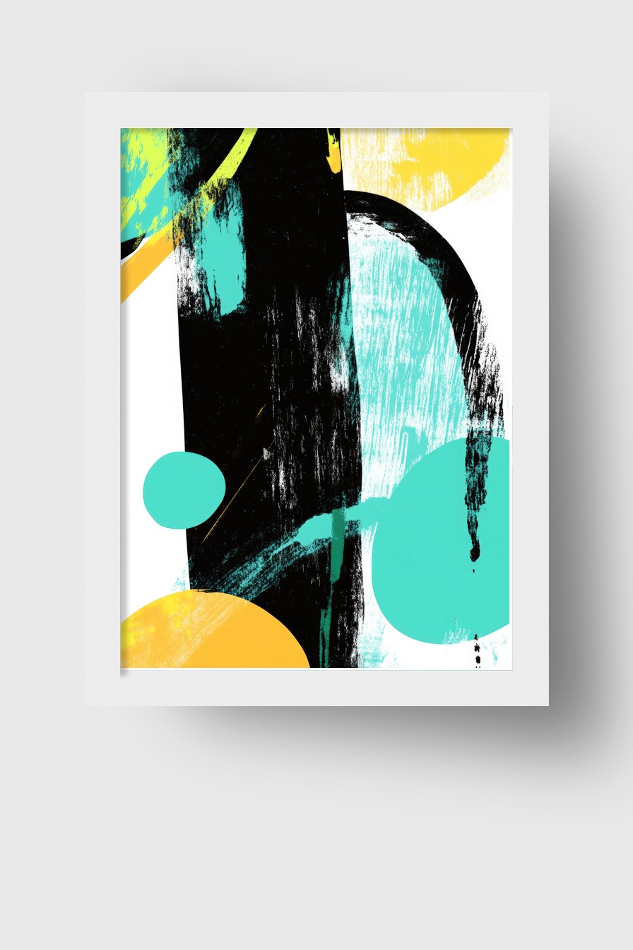 Abstraktes Wandbild mit Farbflächen in Gelb, Türkis und Schwarz als moderner Kunstdruck