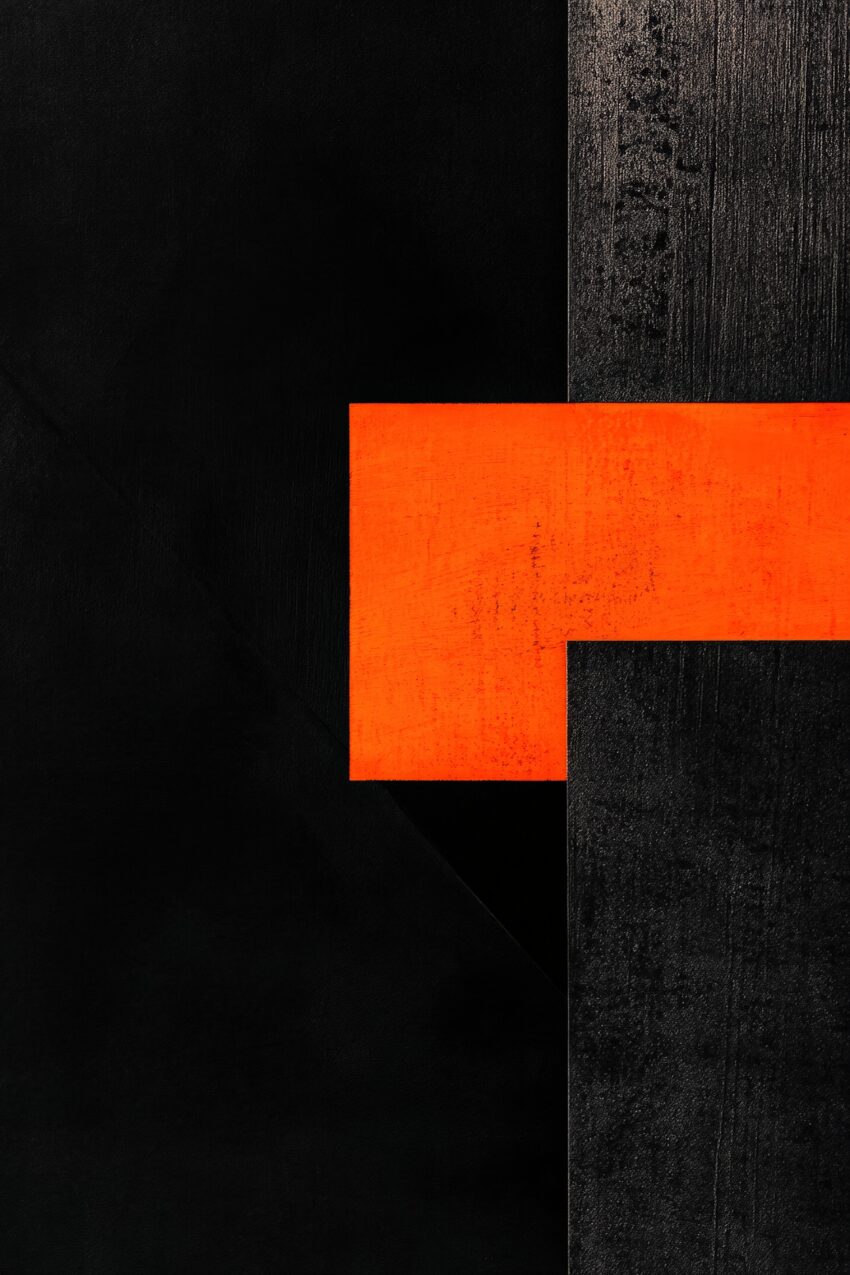 Abstrakter Kunstdruck mit rotem Rechteck und schwarzen geometrischen Flächen in modernem Stil