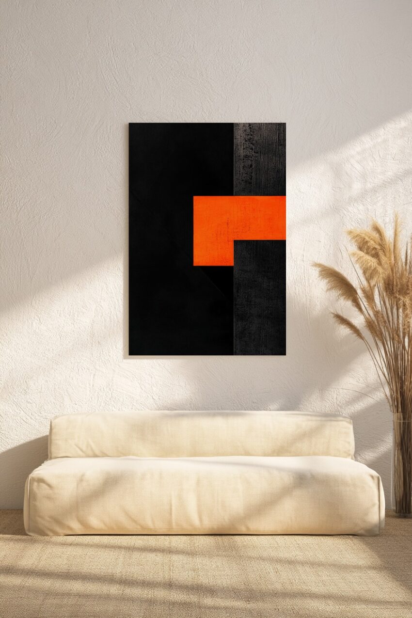 Abstrakter Kunstdruck mit rotem Rechteck und schwarzen geometrischen Flächen in modernem Stil