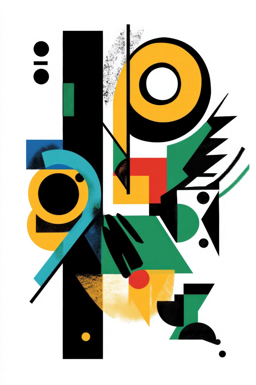 Abstraktes Poster mit geometrischen Formen in Gelb, Grün, Rot und Schwarz als moderner Kunstdruck