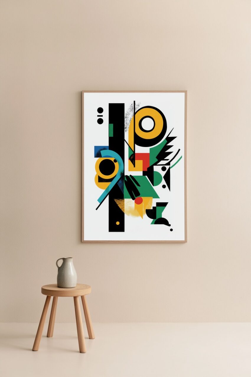 Abstraktes Poster mit geometrischen Formen in Gelb, Grün, Rot und Schwarz als moderner Kunstdruck