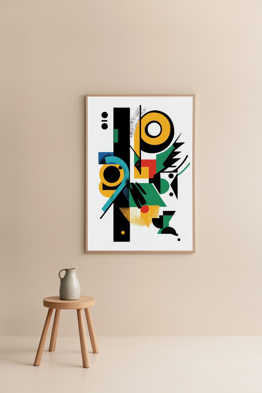 Abstraktes Poster mit geometrischen Formen in Gelb, Grün, Rot und Schwarz als moderner Kunstdruck