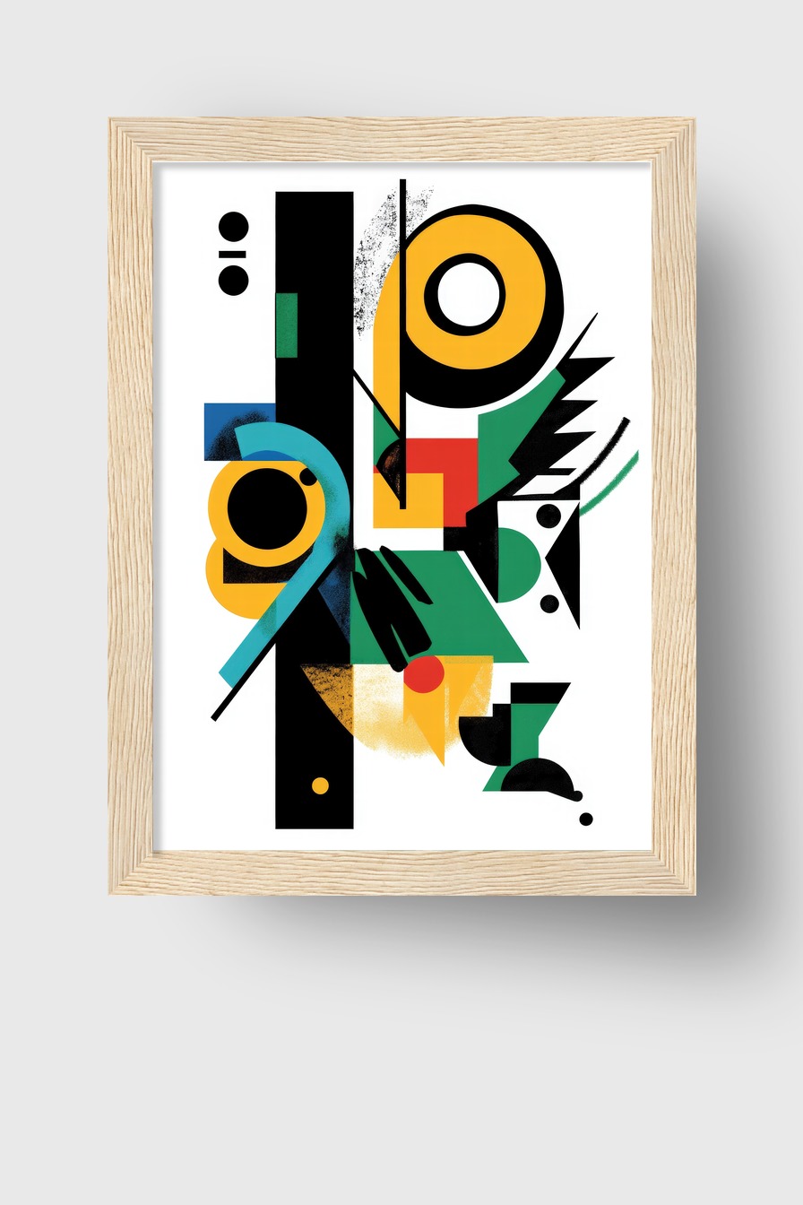 Abstraktes Poster mit geometrischen Formen in Gelb, Grün, Rot und Schwarz als moderner Kunstdruck