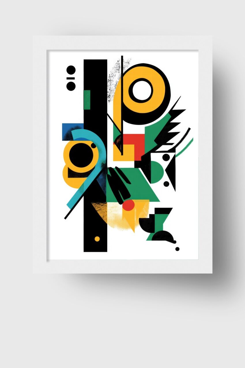 Abstraktes Poster mit geometrischen Formen in Gelb, Grün, Rot und Schwarz als moderner Kunstdruck