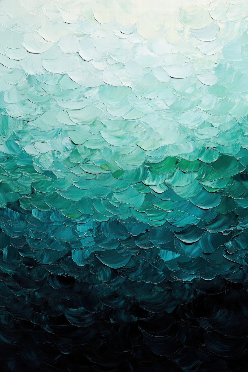 Abstraktes Wandbild mit Farbverlauf in Pinselstrichen von Weiß zu Dunkelgrün in strukturierter Maltechnik