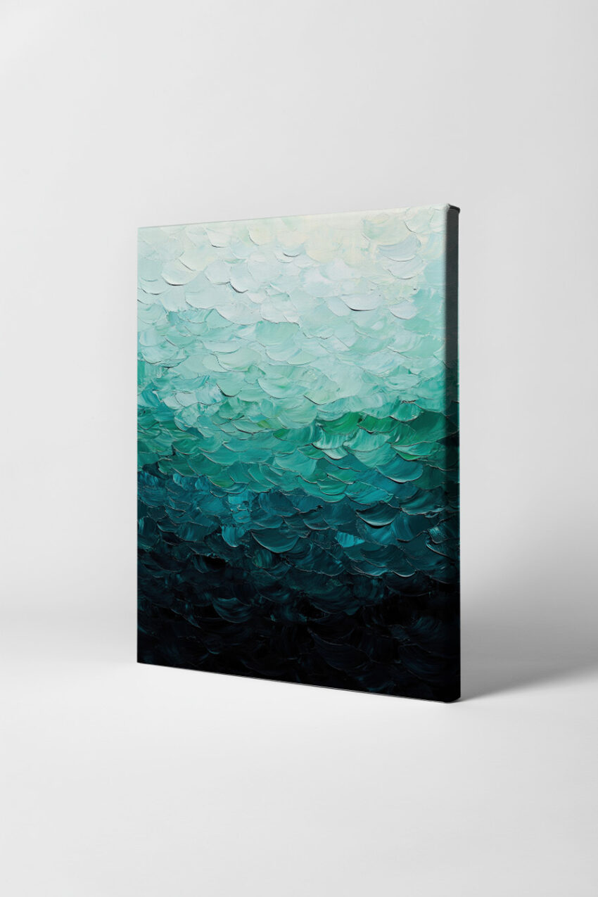 Abstraktes Wandbild mit Farbverlauf in Pinselstrichen von Weiß zu Dunkelgrün in strukturierter Maltechnik