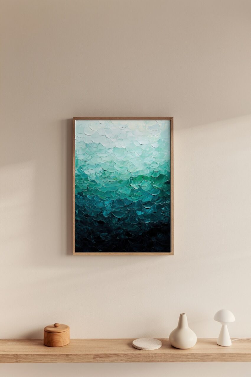 Abstraktes Wandbild mit Farbverlauf in Pinselstrichen von Weiß zu Dunkelgrün in strukturierter Maltechnik