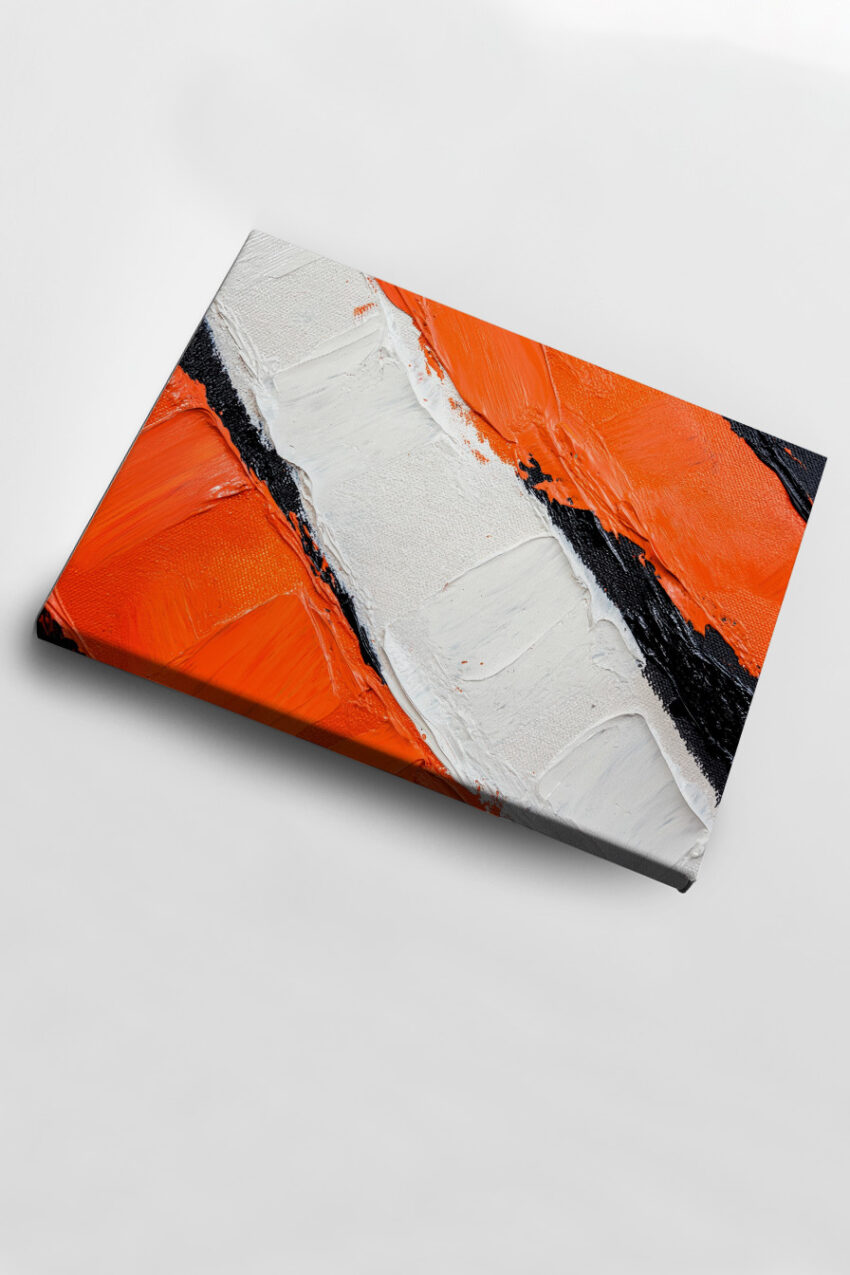 Abstraktes Wandbild mit dicken Farbflächen in Orange Weiß und Schwarz mit starker Pinselstruktur als moderner Kunstdruck