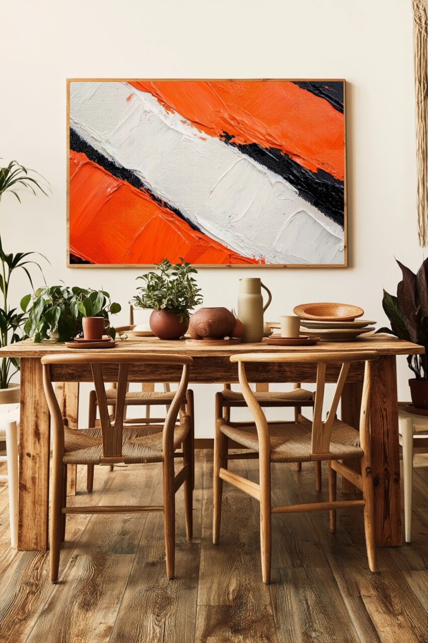 Abstraktes Wandbild mit dicken Farbflächen in Orange Weiß und Schwarz mit starker Pinselstruktur als moderner Kunstdruck