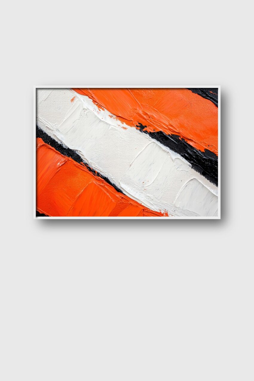 Abstraktes Wandbild mit dicken Farbflächen in Orange Weiß und Schwarz mit starker Pinselstruktur als moderner Kunstdruck