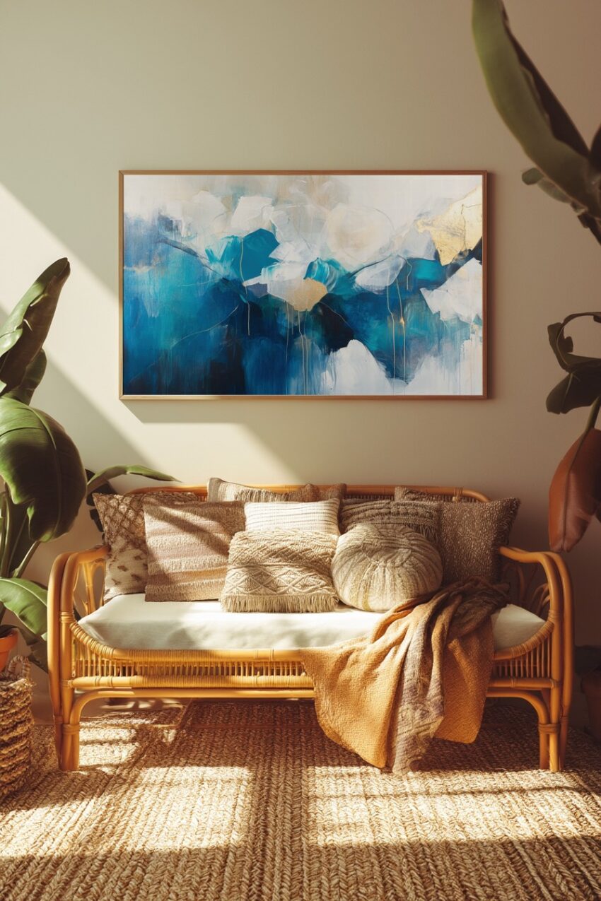 Abstraktes Wandbild mit blauen Formen und goldenen Akzenten in modernem Stil