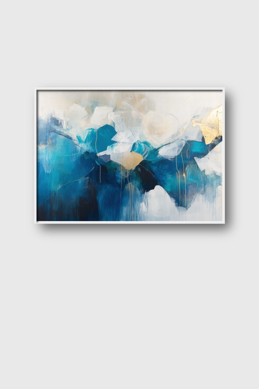 Abstraktes Wandbild mit blauen Formen und goldenen Akzenten in modernem Stil