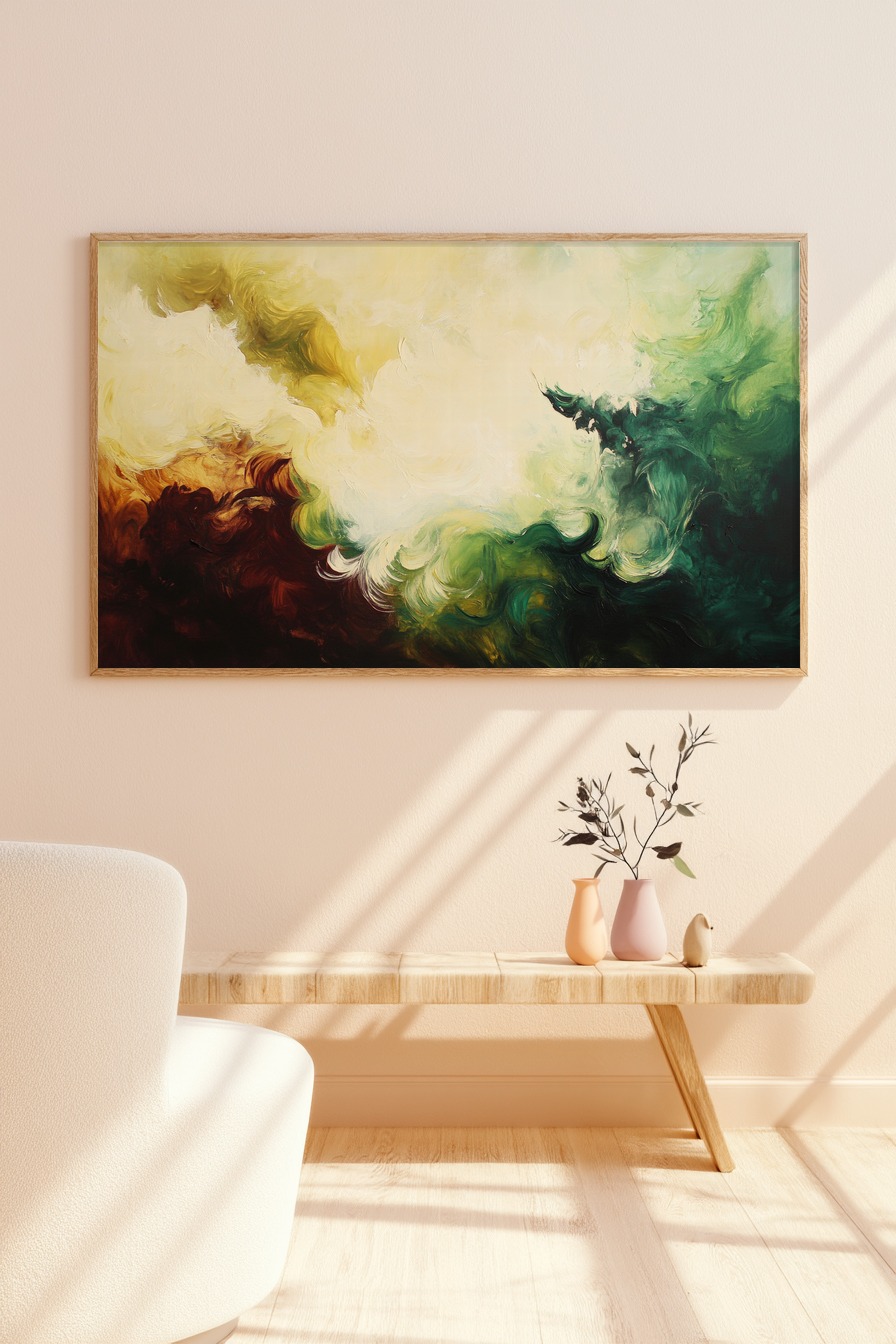 Abstraktes Wandbild mit fließenden Farbverläufen in Braun, Grün und Beige für moderne Raumgestaltung