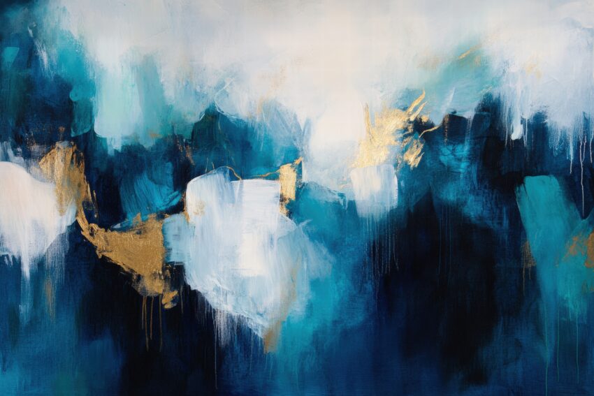 Abstrakter Kunstdruck mit blauen und weißen Farbflächen und goldenen Akzenten in modernem Stil