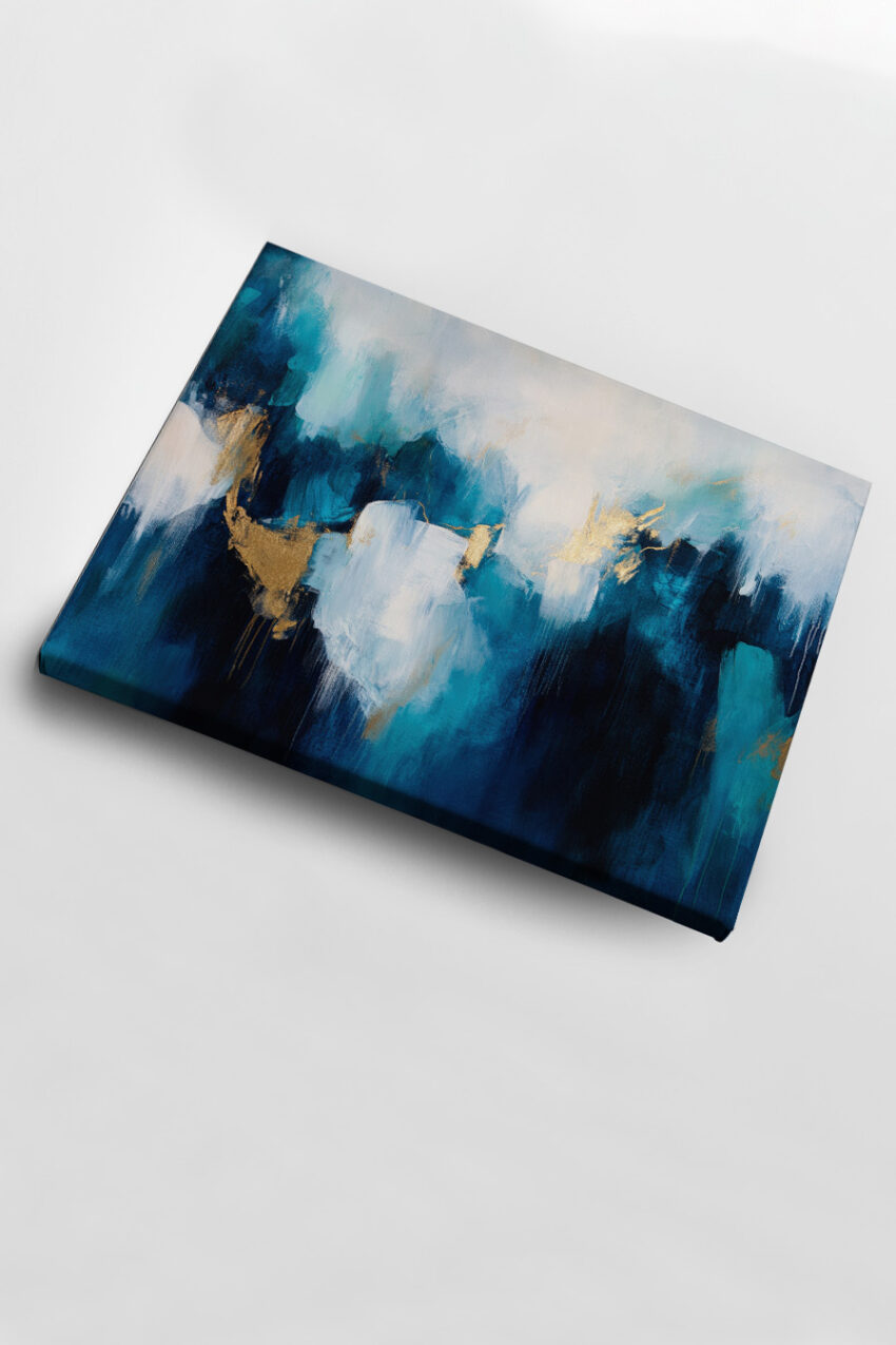 Abstrakter Kunstdruck mit blauen und weißen Farbflächen und goldenen Akzenten in modernem Stil