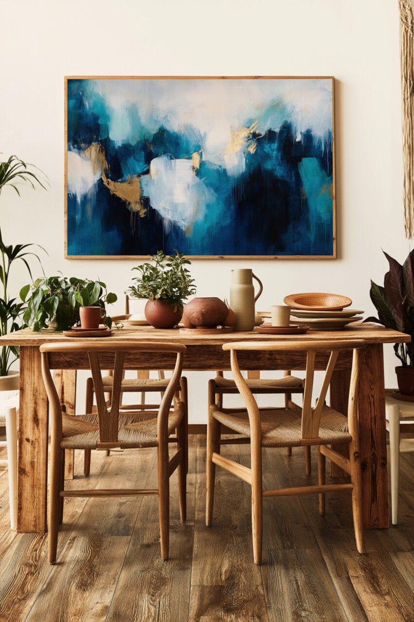 Abstrakter Kunstdruck mit blauen und weißen Farbflächen und goldenen Akzenten in modernem Stil