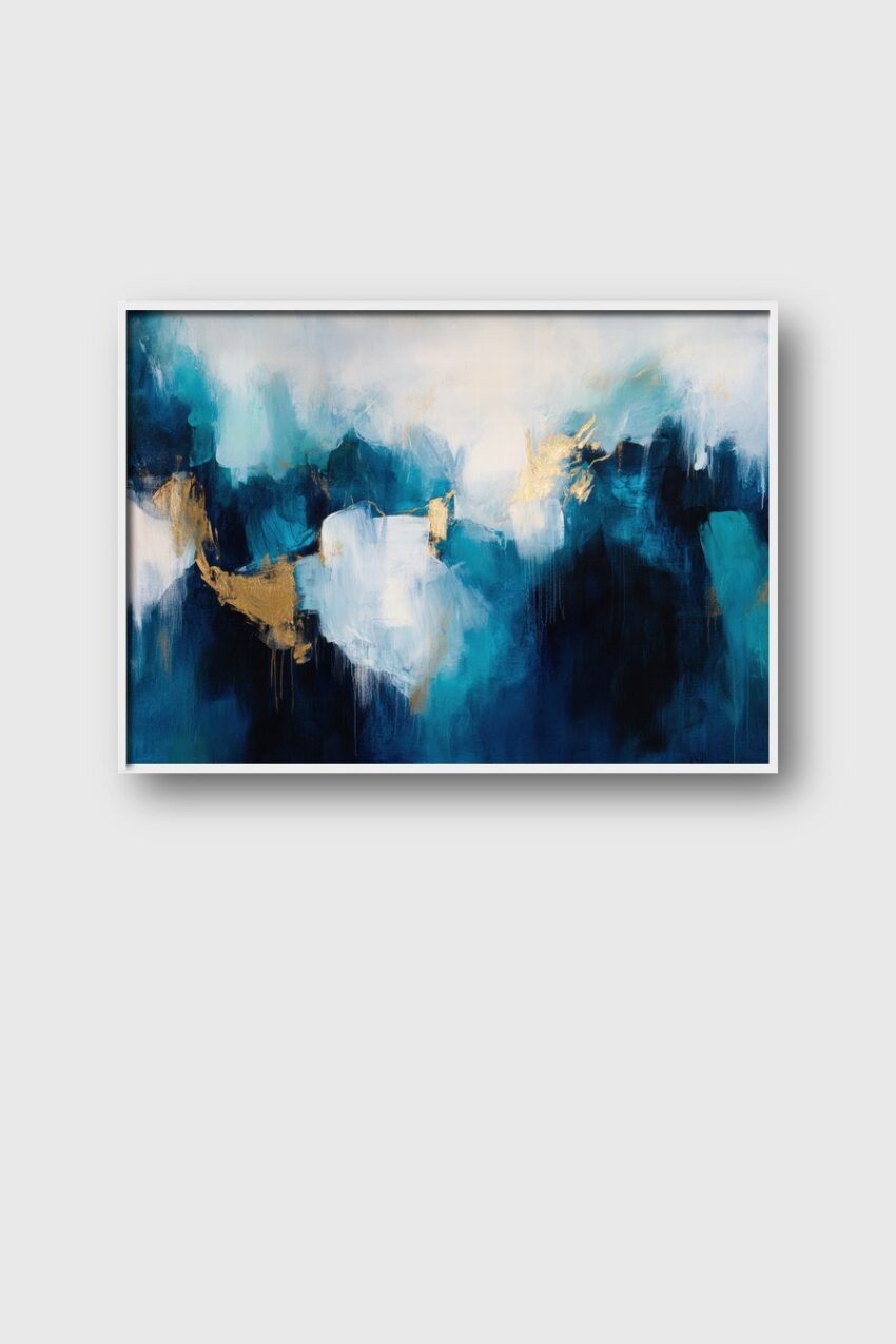 Abstrakter Kunstdruck mit blauen und weißen Farbflächen und goldenen Akzenten in modernem Stil