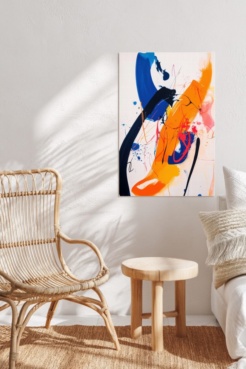 Abstraktes Poster mit dynamischen Pinselstrichen in Blau und Orange sowie schwarzen Linien als Kunstdruck