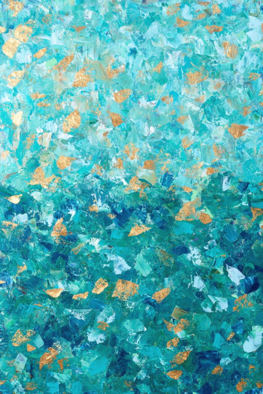 Abstraktes Wandbild mit blau-grüner Farbtextur und goldenen Akzenten als Kunstdruck