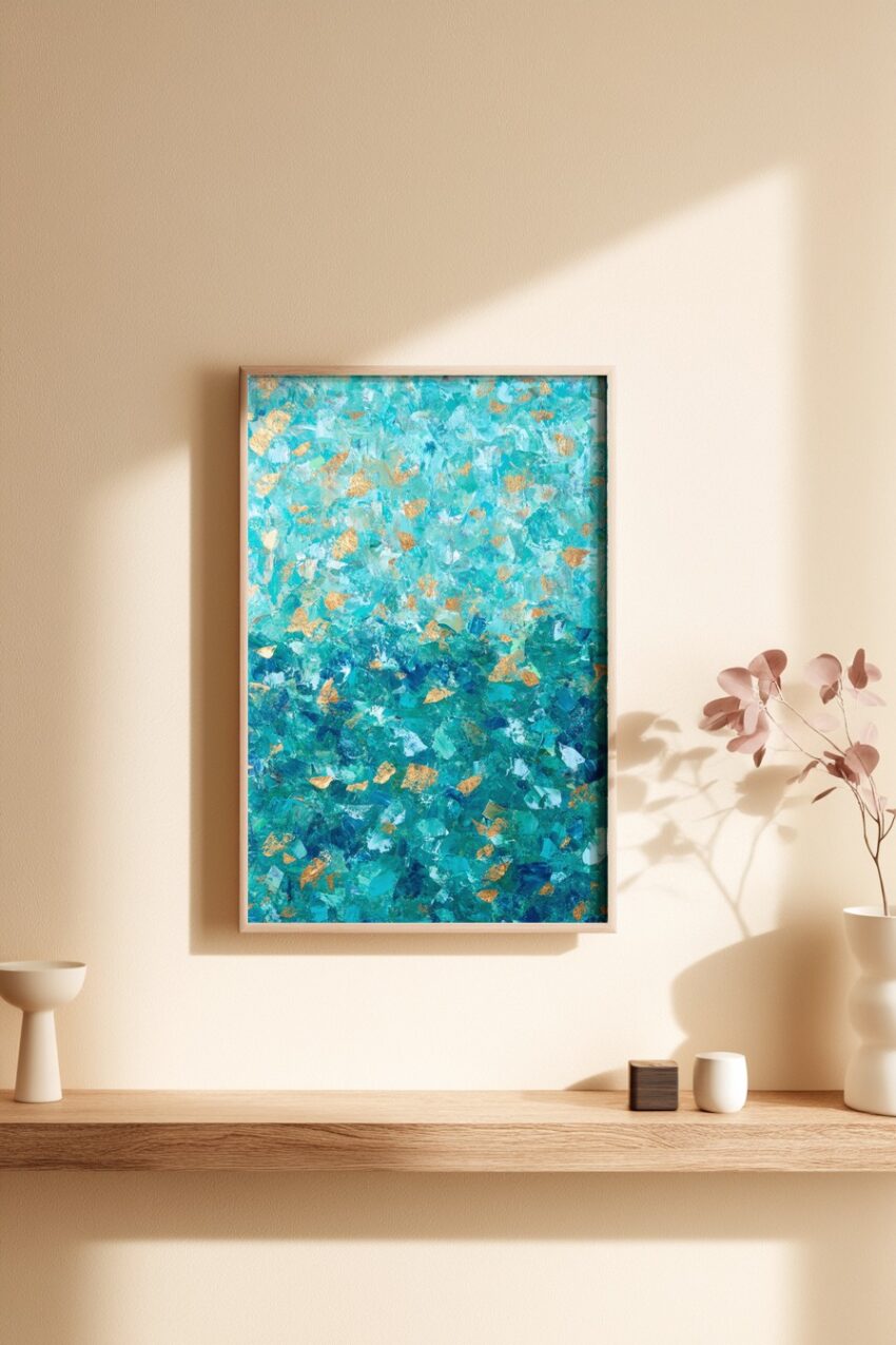 Abstraktes Wandbild mit blau-grüner Farbtextur und goldenen Akzenten als Kunstdruck