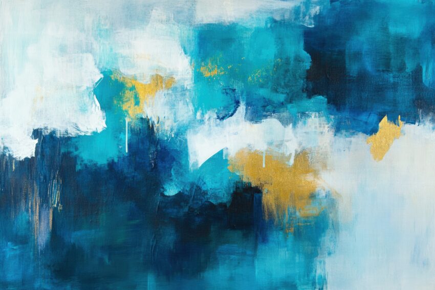 Abstraktes Bild in Blau und Weiß mit goldenen Akzenten als Poster Kunstdruck Wandbild