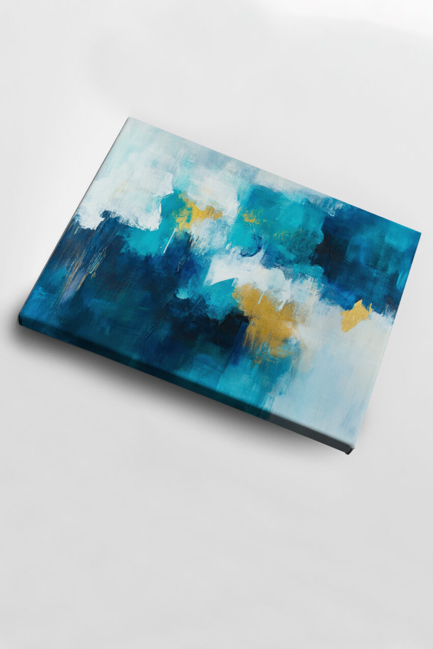 Abstraktes Bild in Blau und Weiß mit goldenen Akzenten als Poster Kunstdruck Wandbild