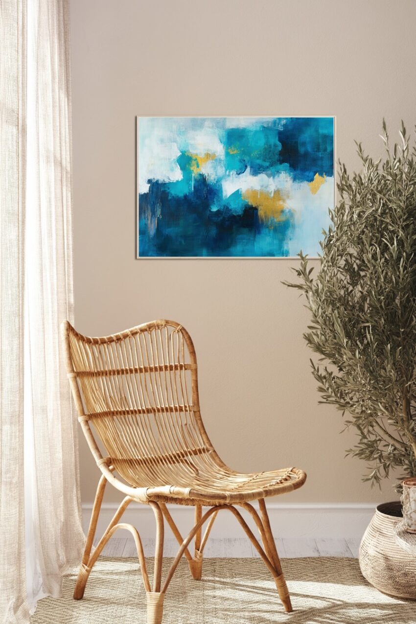 Abstraktes Bild in Blau und Weiß mit goldenen Akzenten als Poster Kunstdruck Wandbild