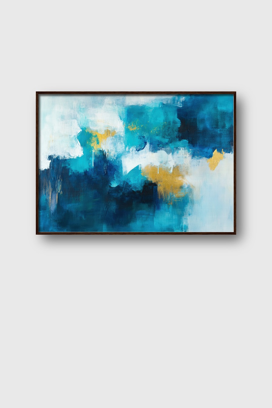 Abstraktes Bild in Blau und Weiß mit goldenen Akzenten als Poster Kunstdruck Wandbild