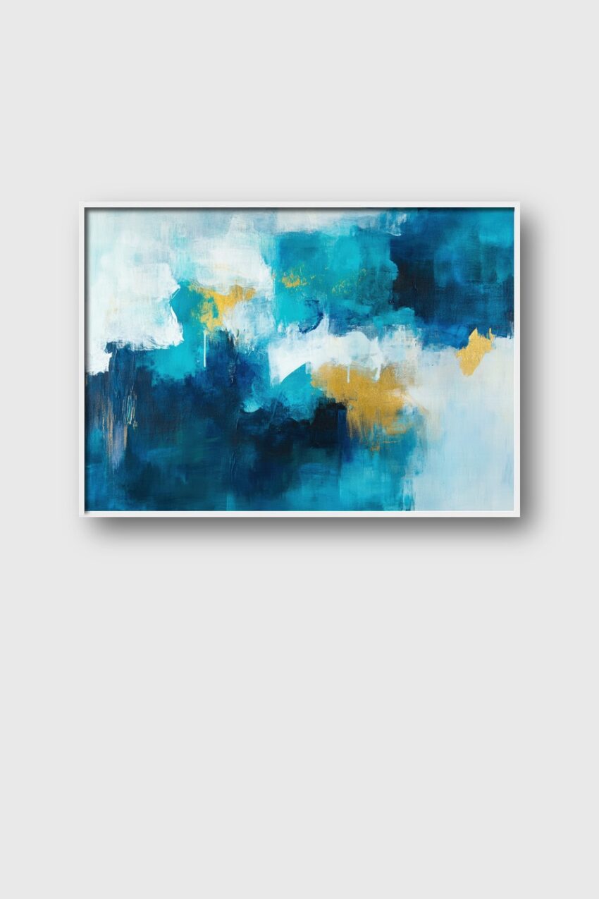 Abstraktes Bild in Blau und Weiß mit goldenen Akzenten als Poster Kunstdruck Wandbild