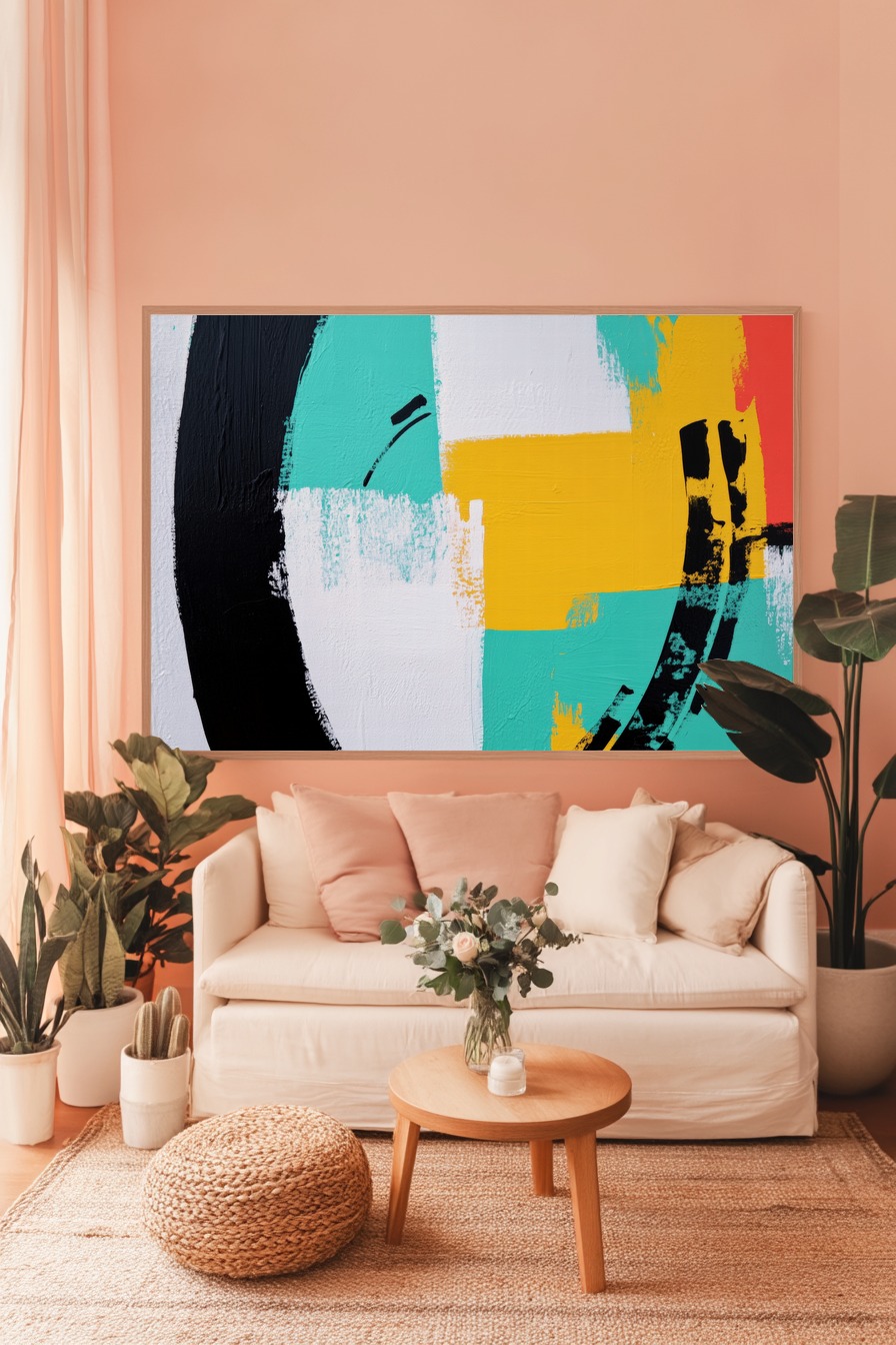 Abstraktes Poster mit gelben und türkisen Farbflächen und schwarzen Pinselstrichen auf weißem Hintergrund