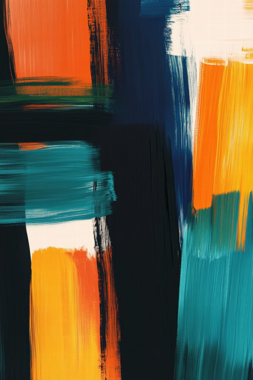 Abstraktes Poster mit farbigen Pinselstrichen in Orange, Dunkelblau und Türkis auf weißem Hintergrund