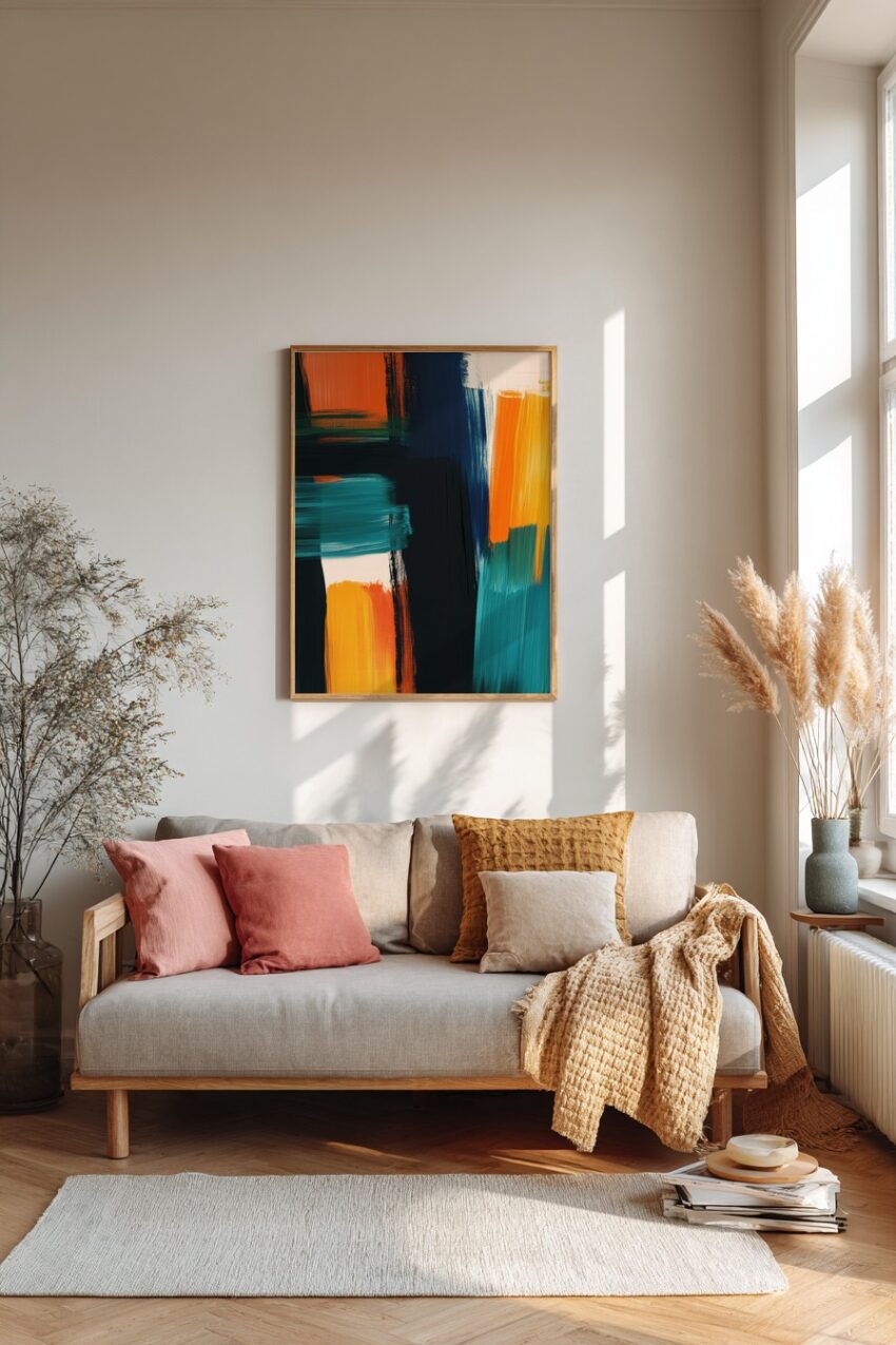 Abstraktes Poster mit farbigen Pinselstrichen in Orange, Dunkelblau und Türkis auf weißem Hintergrund