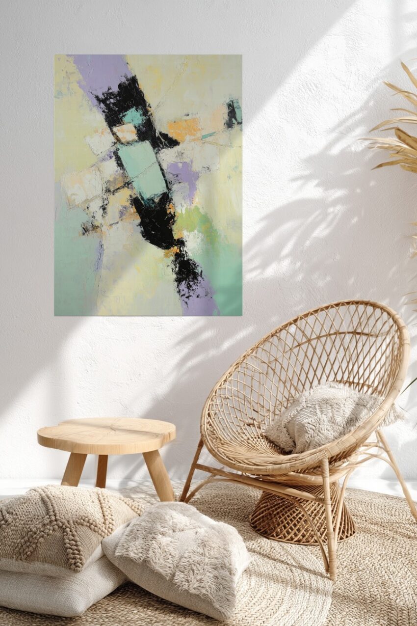 Abstraktes Wandbild mit schwarzen und pastellfarbenen Strukturen in Türkis, Lavendel und Orange