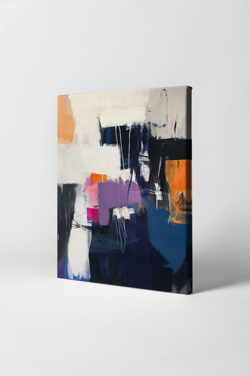 Abstraktes Poster mit Farbflächen in Lila Blau Orange Weiß und Schwarz, moderne Komposition mit Kontrasten