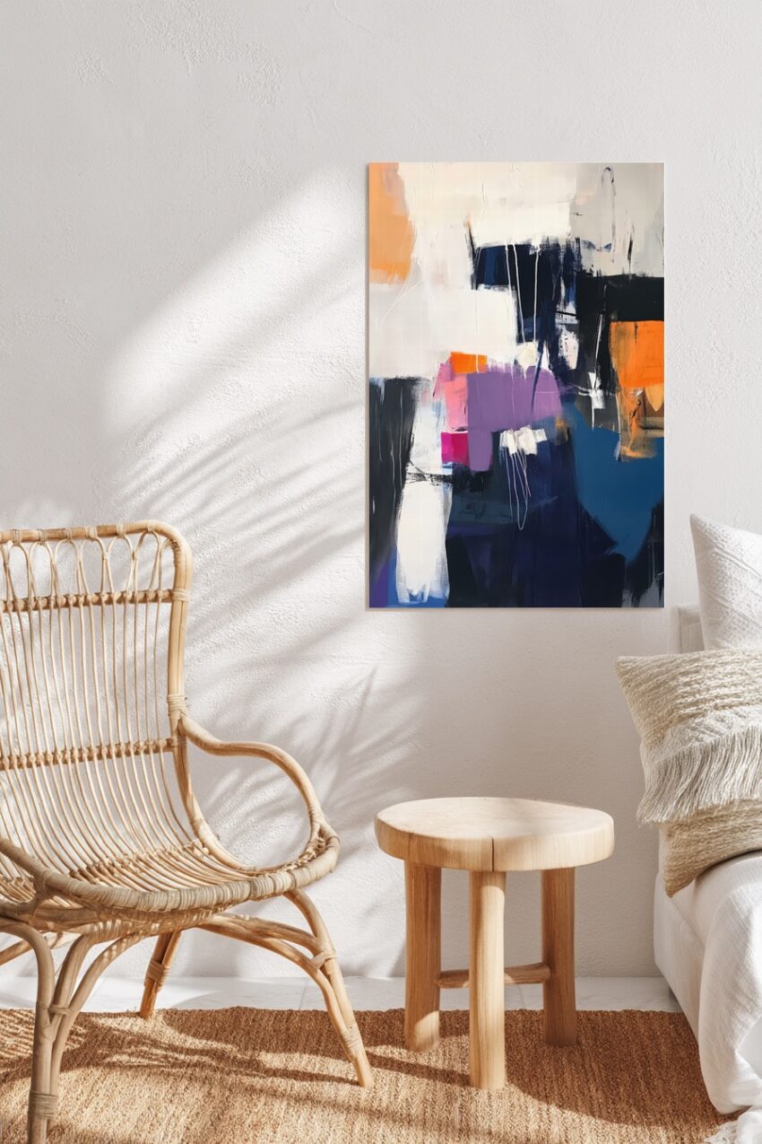 Abstraktes Poster mit Farbflächen in Lila Blau Orange Weiß und Schwarz, moderne Komposition mit Kontrasten