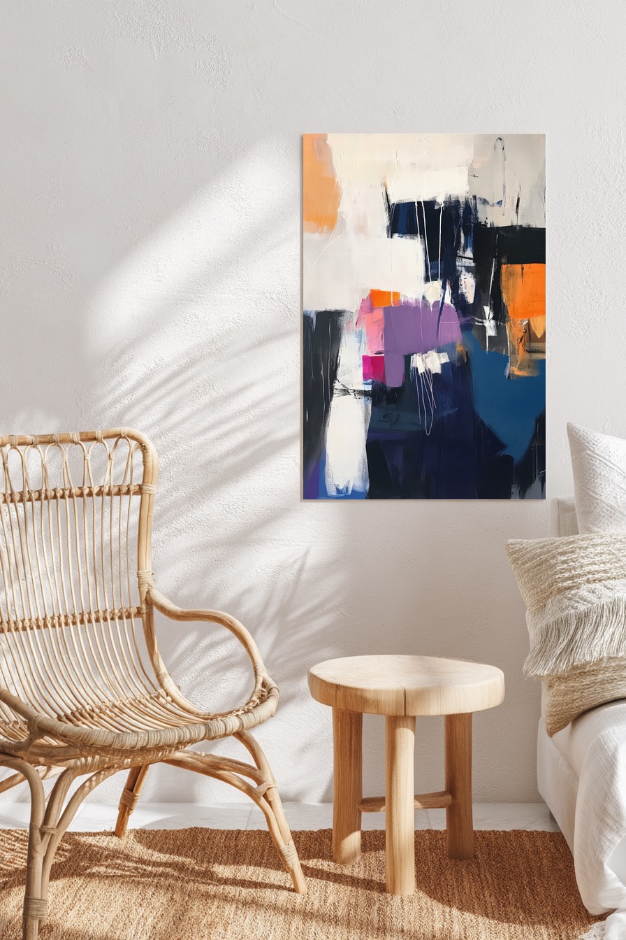 Abstraktes Poster mit Farbflächen in Lila Blau Orange Weiß und Schwarz, moderne Komposition mit Kontrasten