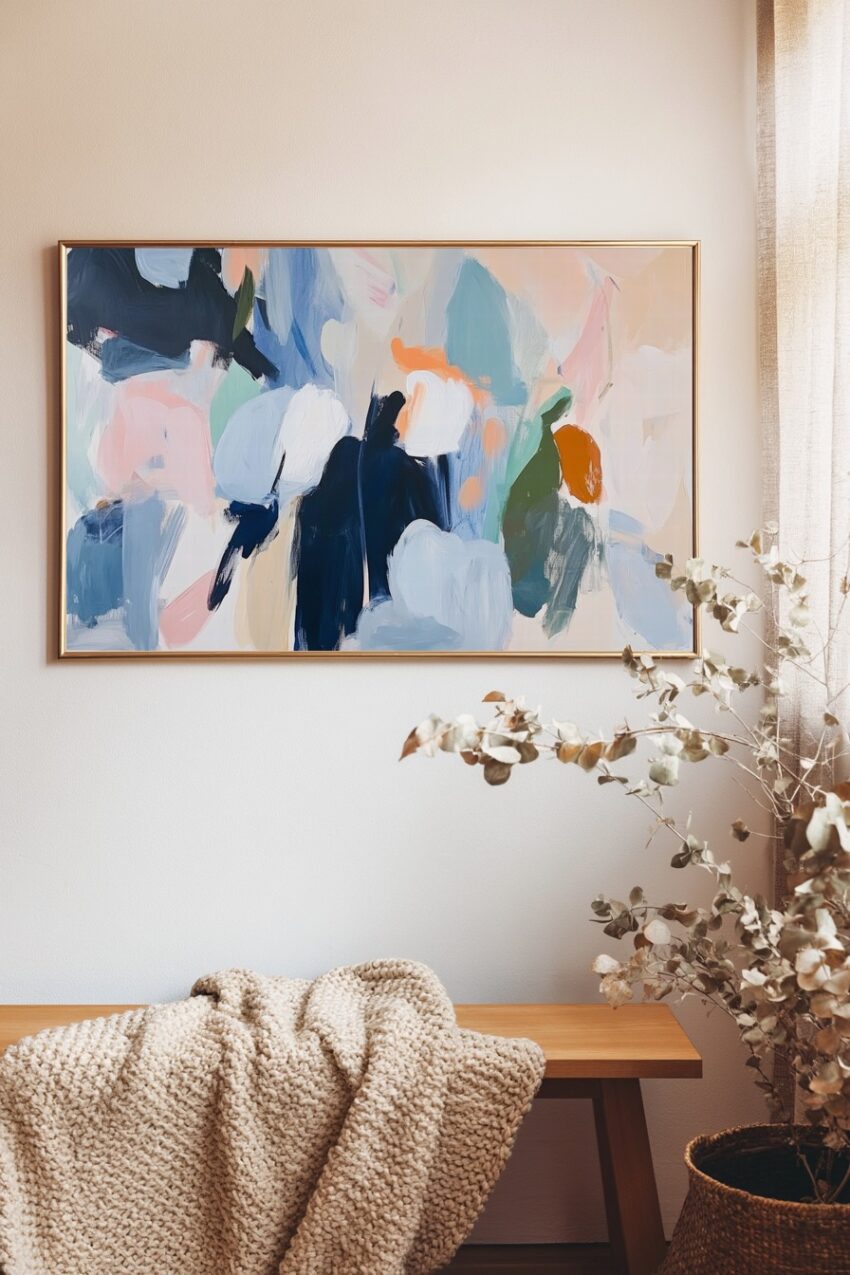 Abstrakter Kunstdruck mit Farbflächen in Blau, Weiß, Grün, Orange und Rosa in pastellfarbenem Stil