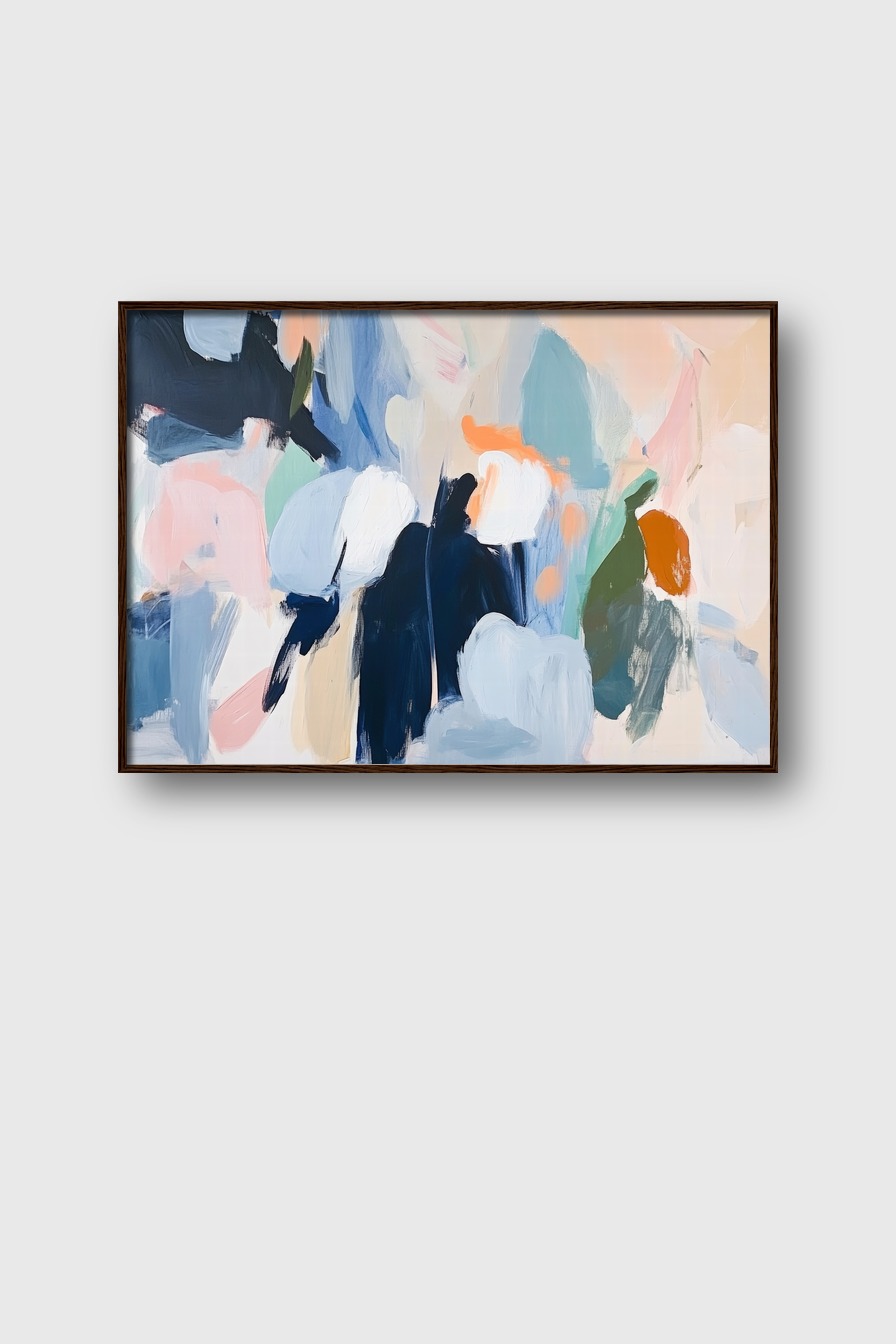 Abstrakter Kunstdruck mit Farbflächen in Blau, Weiß, Grün, Orange und Rosa in pastellfarbenem Stil