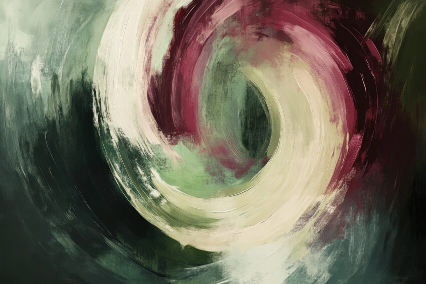 Abstraktes Wandbild mit spiralförmiger Bewegung in Creme, Grün und dunklem Rot mit dynamischen Pinselstrichen