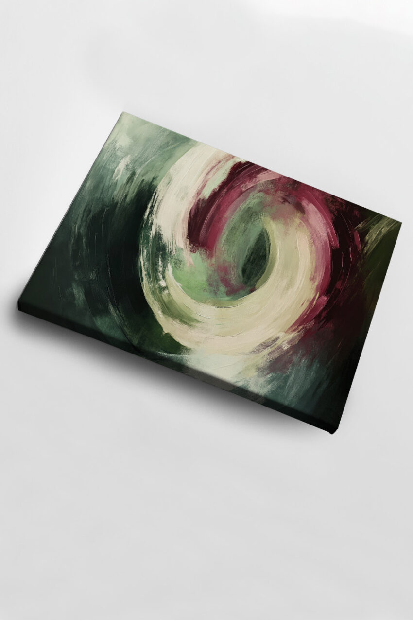 Abstraktes Wandbild mit spiralförmiger Bewegung in Creme, Grün und dunklem Rot mit dynamischen Pinselstrichen