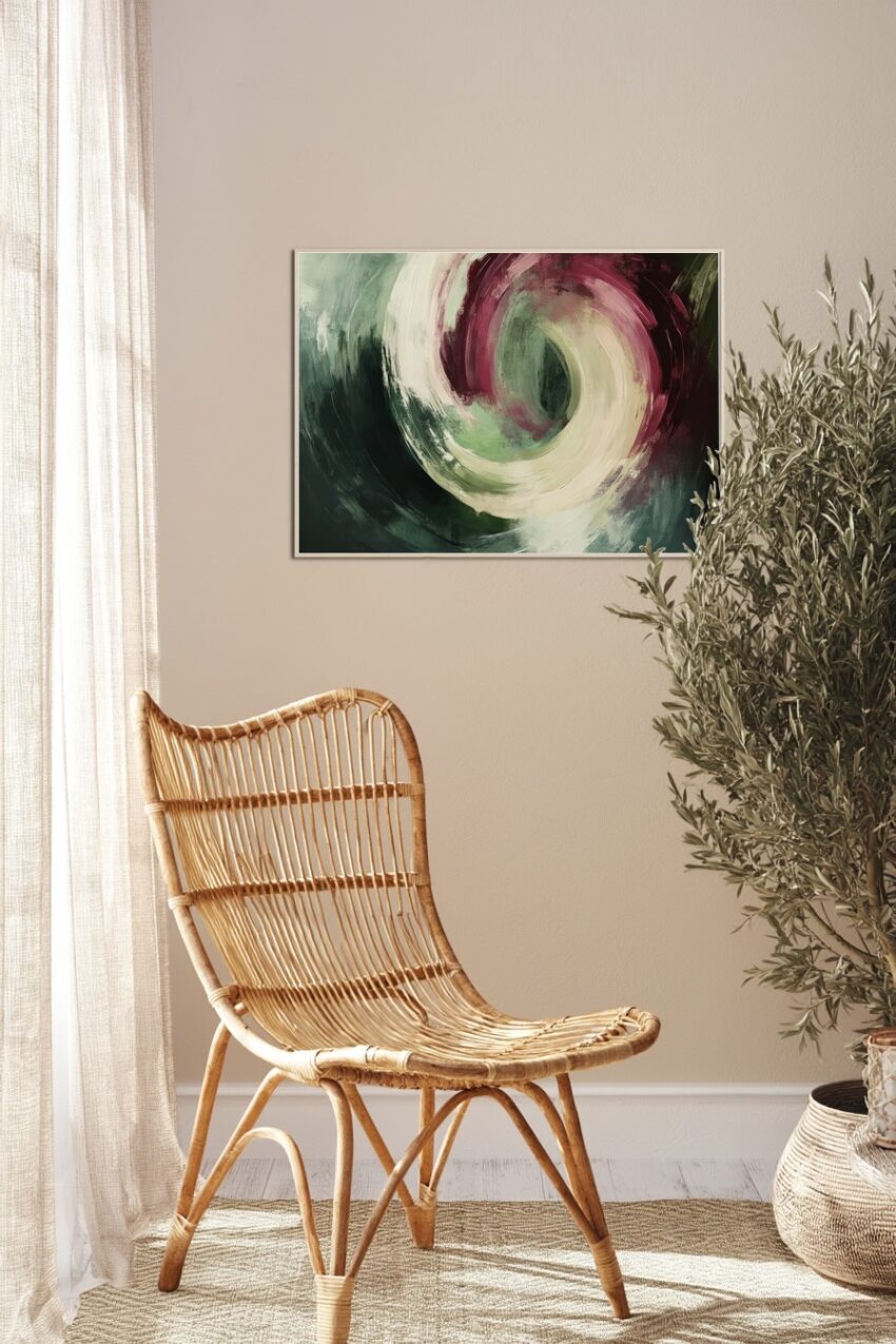 Abstraktes Wandbild mit spiralförmiger Bewegung in Creme, Grün und dunklem Rot mit dynamischen Pinselstrichen