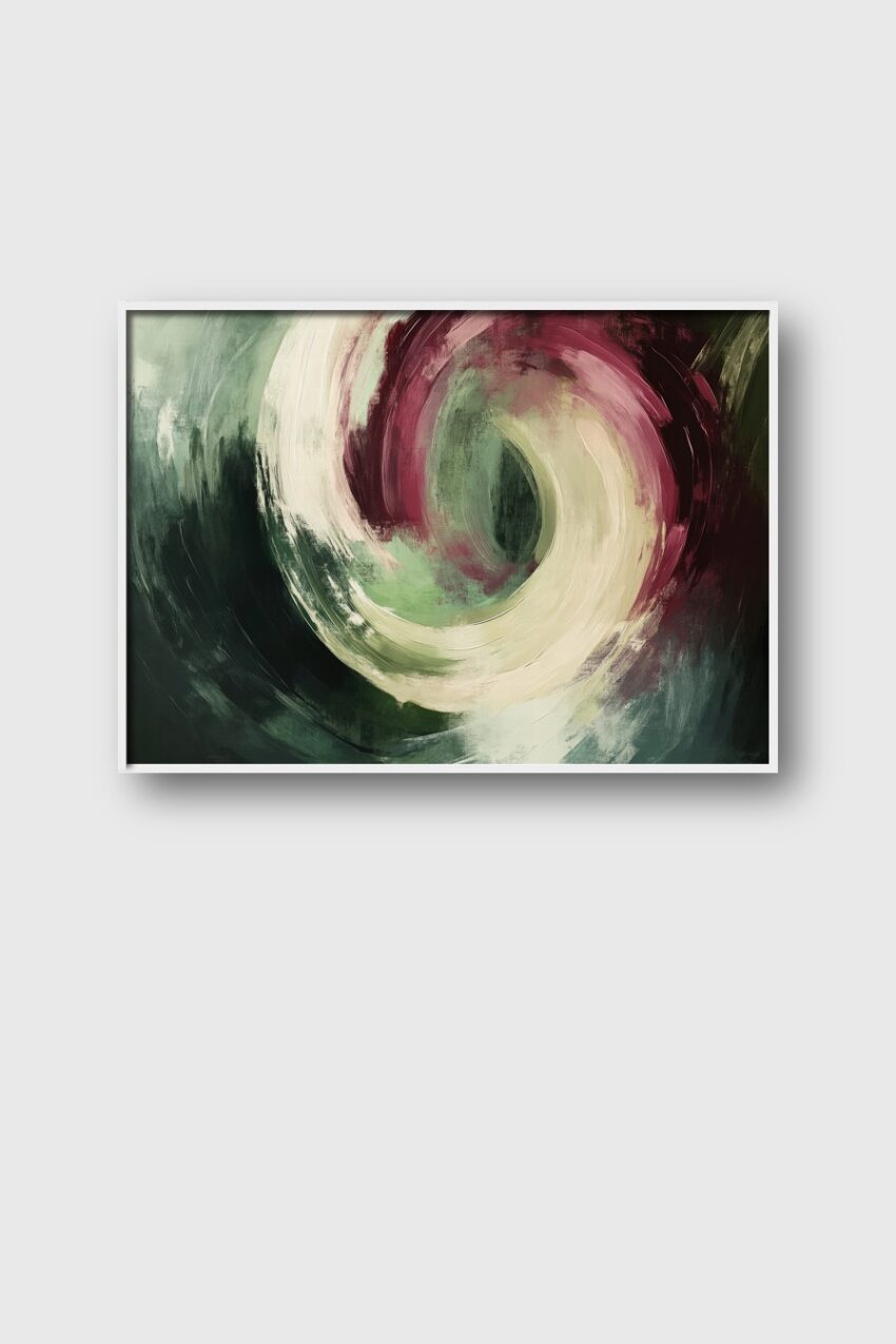 Abstraktes Wandbild mit spiralförmiger Bewegung in Creme, Grün und dunklem Rot mit dynamischen Pinselstrichen