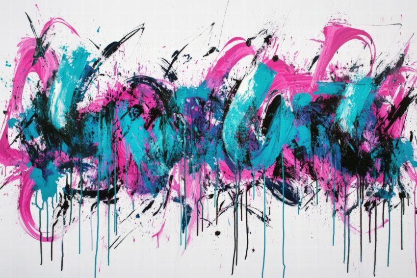 Abstrakter Kunstdruck mit pinken und türkisen Farbspritzern und schwarzen Akzenten auf weißem Hintergrund