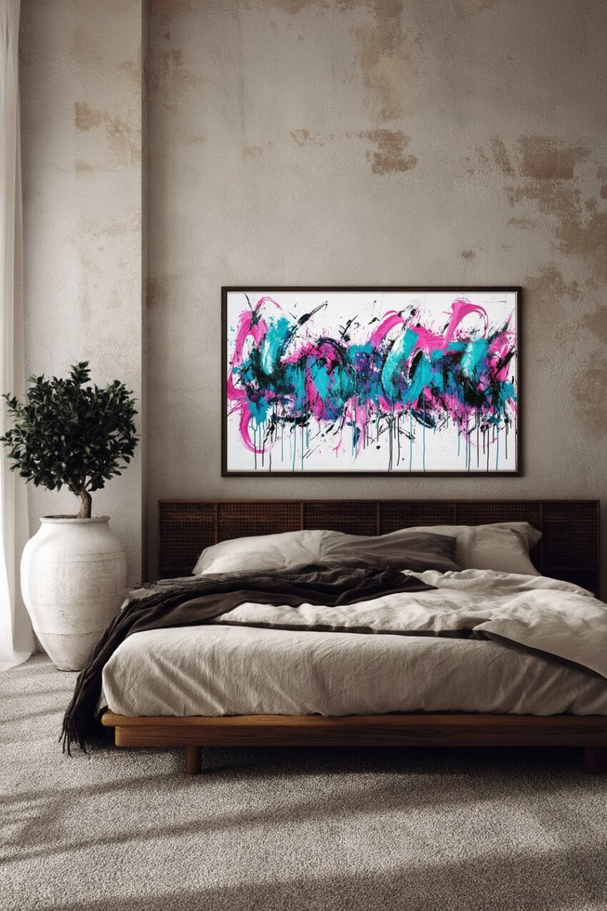 Abstrakter Kunstdruck mit pinken und türkisen Farbspritzern und schwarzen Akzenten auf weißem Hintergrund